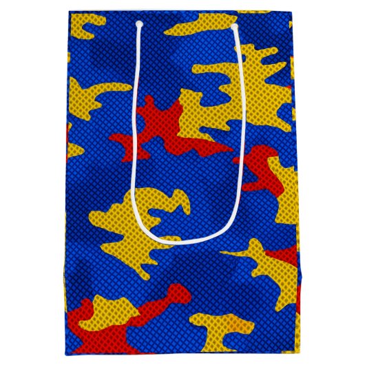 Kansas Blue Red Yellow Vibrant Camo Pattern Mittlere Geschenktüte (Rückseite)