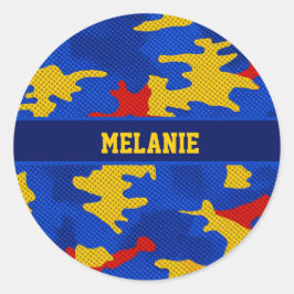 Kansas Blue Red Yellow Vibrant Camo Pattern Runder Aufkleber