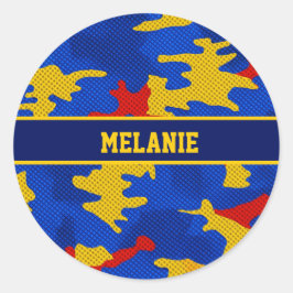 Kansas Blue Red Yellow Vibrant Camo Pattern Runder Aufkleber