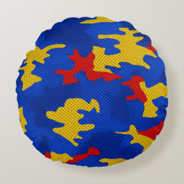 Kansas Blue Red Yellow Vibrant Camo Pattern Rundes Kissen