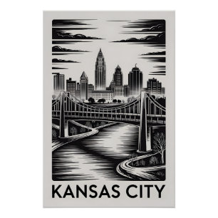 Kansas City Missouri Skyline Schwarz Weiß Holzschn Poster