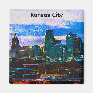 Kansas City Oil Paint Panorama Aussicht Vintag Magnet