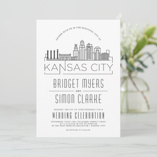 Kansas City Wedding | Stilisierte Skyline-Einladun Einladung (Stehend Vorderseite)
