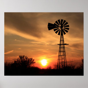 Kansas Golden Sunset mit Windmill-Silhouette Poster