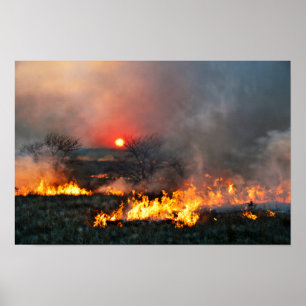 Kansas-Präriebrand bei Sonnenuntergang Poster