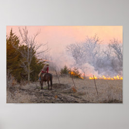 Kansas Rancher Watching a Controlled Prairie Burn Poster