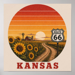 Kansas Route 66 Sonnenblumen-Sonnenuntergang-Poste Poster