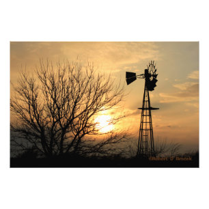 Kansas-Sonnenuntergang mit Windmühle, Wolken, Fotodruck