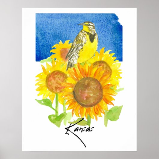 Kansas State Shape Meadowlark Sunflowers  Poster (Vorne)
