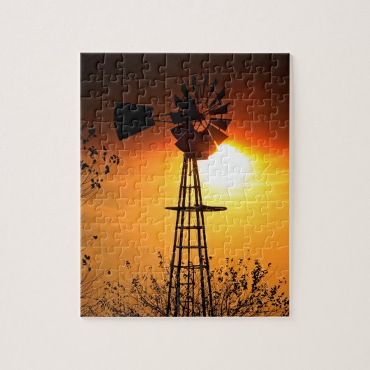 Kansas Sunset mit Farm Windmill Silhouette Jigsaw Puzzle (Vertikal)