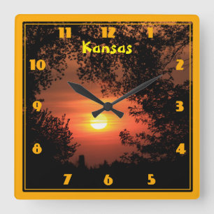 Kansas Sunset Silhouette Quadratische Wanduhr