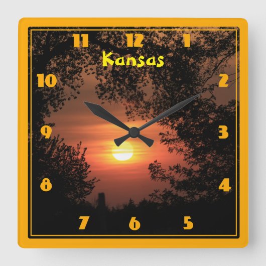 Kansas Sunset Silhouette Quadratische Wanduhr (Vorderseite)