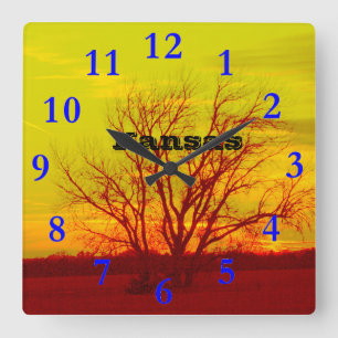 KANSAS Sunset Silhouette Quadratische Wanduhr