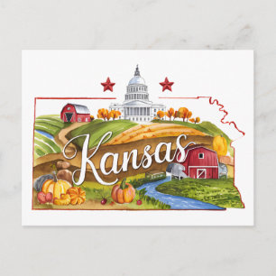 Kansas USA State Vintage Wasserfarben Postkarte