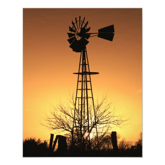 Kansas Windmill Silhouette Sonnenuntergang mit Wol Fotodruck (Vorne)