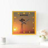 Kansas Windmill Silhouette Sunset Quadratische Wanduhr (Zuhause)