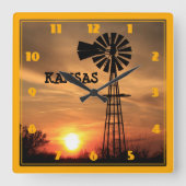 Kansas Windmill Silhouette Sunset Quadratische Wanduhr (Vorderseite)