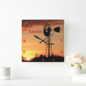 Kansas Windmill Silhouette Sunset Quadratische Wanduhr (Zuhause)