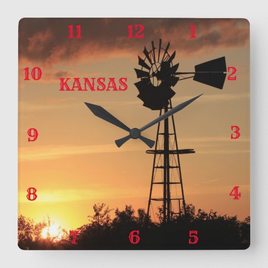 Kansas Windmill Silhouette Sunset Quadratische Wanduhr (Vorderseite)