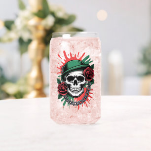 Kantige Grafik: Totenkopf mit Bowlerhut und Rosen Dosenglas