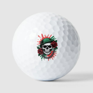 Kantige Grafik: Totenkopf mit Bowlerhut und Rosen Golfball