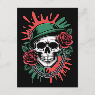 Kantige Grafik: Totenkopf mit Bowlerhut und Rosen Postkarte