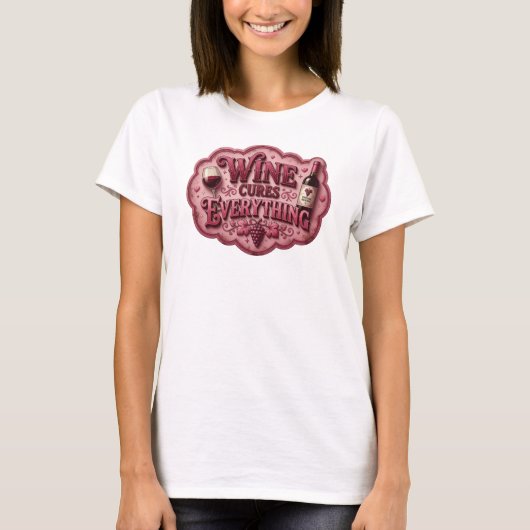 Kantiges Pink WINE HEILT ALLES Tee (Vorderseite)