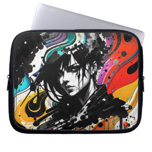Kantiges Popart-Gesicht einer Frau mit Farbwirbeln Laptopschutzhülle