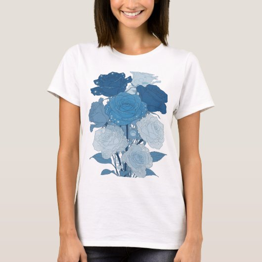 Kantiges Silber BLUE ROSES Design T-Shirt (Vorderseite)