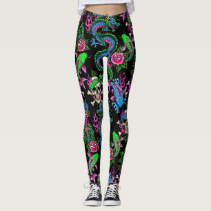 Kantiges Tattoo-Totenkopf-Drache-Koi-Fisch-Rose, N Leggings