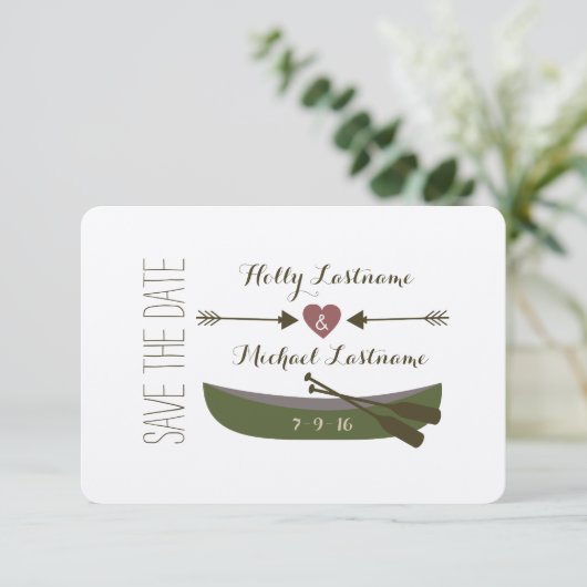 Kanu + Pfeile mit Herz Hochzeit speichern das Datu Save The Date (Stehend Vorderseite)