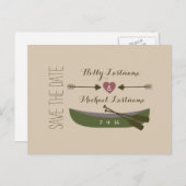 Kanu + Pfeile mit Herz rustikal Save the Date Ankündigungspostkarte (Vorne/Hinten)