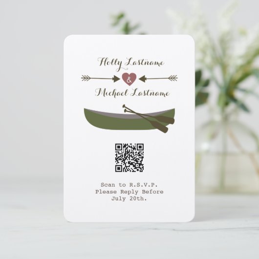 Kanu + Pfeile mit QR-Code für Herz-Hochzeit RSVP Karte (Stehend Vorderseite)