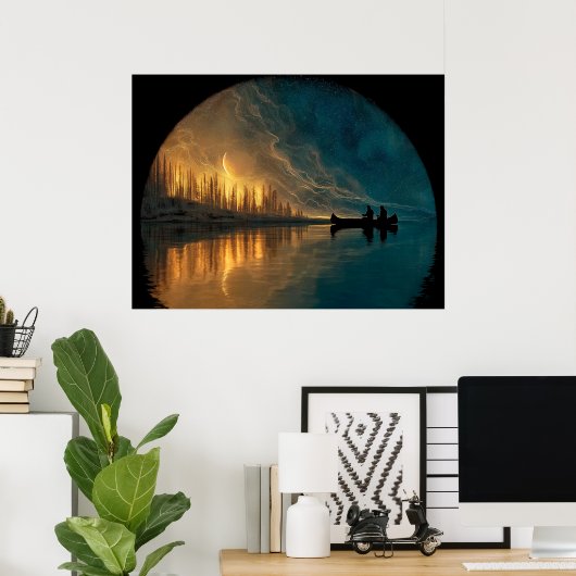 Kanu und Halbmond auf einem See Poster (Heimbüro)