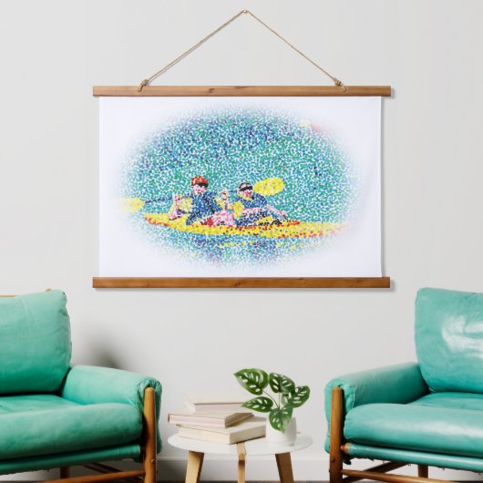 Kanufahren in Pointillismus an Wandteppichen Wandteppich Mit Holzrahmen (Wohnzimmer)