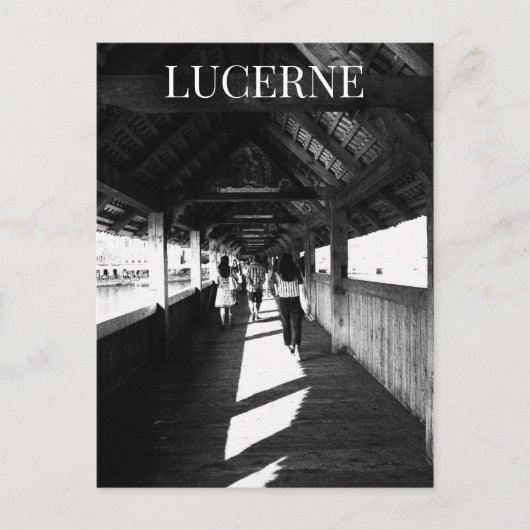 Kapellbrücke Luzern + Touristen Schweiz BW Postkarte (Vorderseite)