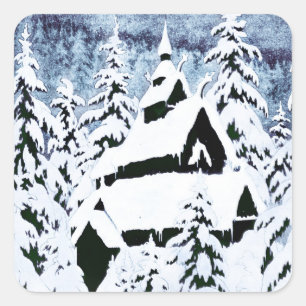 Kapelle im Schnee Quadratischer Aufkleber