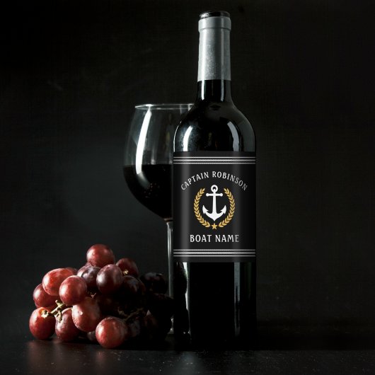 Kapitän Name und Boat Anchor Gold Laurel Black Weinetikett
