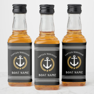 Kapitän Name und Boat Anchor Gold Laurel Mini Alkoholflaschenetikett