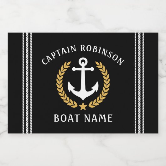 Kapitän Name und Boat Anchor Gold Laurel Mini Schaumweinetikett (Einzelnes Label)
