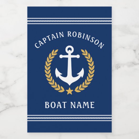 Kapitän Name und Boat Anchor Gold Laurel Mini Weinetikett (Einzelnes Label)