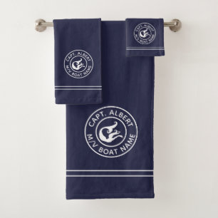Kapitän Personalisiert Mermaid Logo Navy Handtuch  Badhandtuch Set
