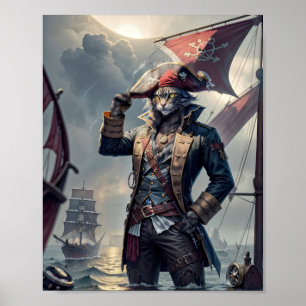 Kapitän Piratenkatze auf einem sinkenden Galleon - Poster