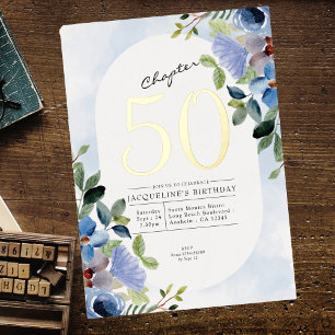 Kapitel 50 Blaue Blumen 50. Geburtstag Gold Folieneinladung