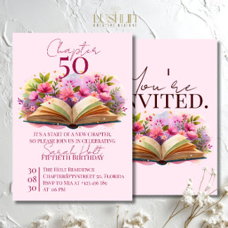 Kapitel 50 Geburtstag – Offenes Buch mit rosa Blum Einladung
