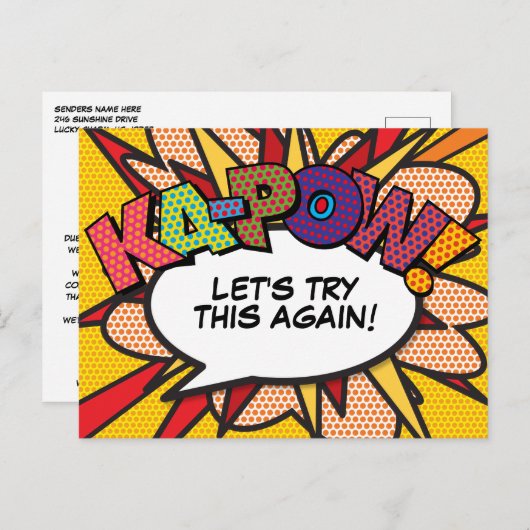 KAPOW Aufgehobene Änderung des Datums Comic Buch P Ankündigungspostkarte (Vorne/Hinten)