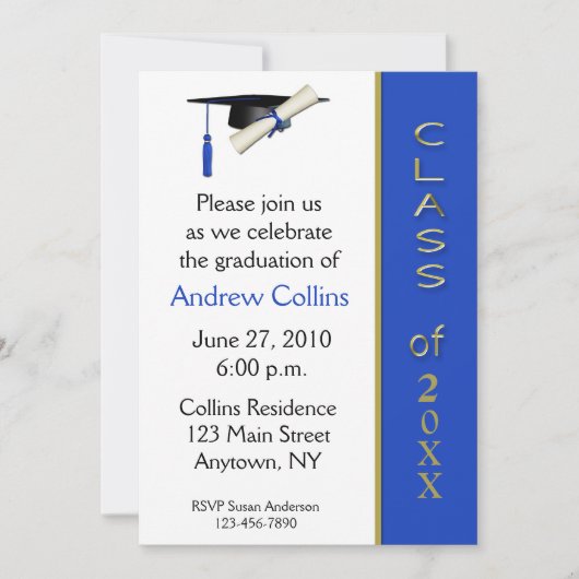 Kappen-Diplom-blaue GoldAbschluss-Einladung Einladung (Vorderseite)