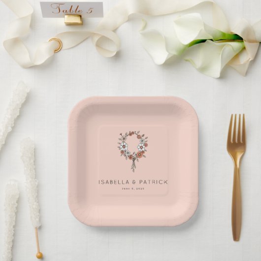 Kaprizieller Pfirsich-Blumenkranz Pappteller (Hochzeit)