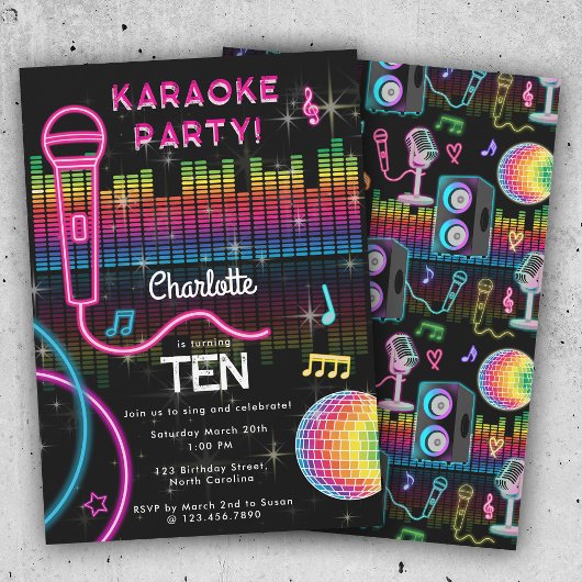 Karaoke Neon Glow Birthday Singing Music Party  Einladung