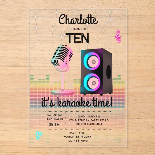 Karaoke Neon Glow Singing Music Party Birthday Acryleinladungen (Vorderseite)